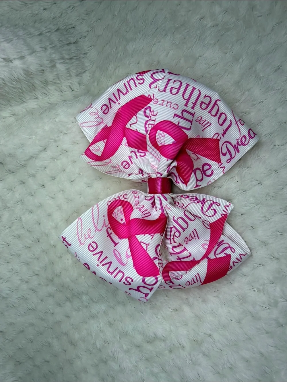 Large Pink Ribbon Pattern Hair Bow - Breast Cancer Support